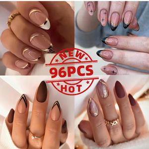 TEMU 96개 프렌치 라인 네일 아트 세트 - 중간 & 긴 아몬드 모양 분리형 네일 피스, 광택 마감, 혼합 색상, 데일리, 직장, 여행에 적합