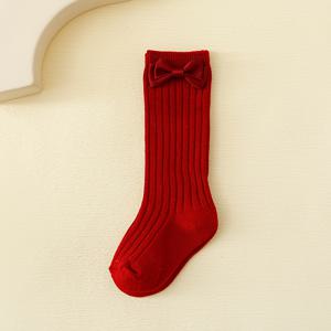 TEMU 여아용 중간 발목 양말 쌍 - 부드러운 니트, 신축성 있는 폴리에스터 & 스판덱스 블렌드, 무릎 길이, 리본 디테일, 블랙, 레드, 그린, 핑크, 베이지, 화이트, 브라운 색상으로 제공, 봄과 가을에 완벽합니다.