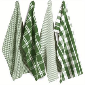 TEMU 4개 대형 18x26인치 헤비듀티 주방 행주 - 초고속 건조, 초소프트 그린 & 화이트 체크 무늬 청소용 수건, 세탁기 사용 가능 폴리에스터, 식기세척 및 욕실용, 고급 텍스타일, 스타일리시 가정용 행주