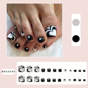TEMU 24개입 프렌치 스타일 블랙 & 화이트 하트 글리터 스퀘어 프레스온 네일 (젤리 글루 & 네일 파일 포함), 네일 아트, 손톱,프렌치 매니큐어,하트 디자인,재사용 가능한 못,쉬운 적용, 손톱,네일 스티커,뷰티 러버스