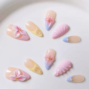 TEMU 10pcs 핸드메이드 아몬드 네일 세트 - 핑크 & 블루 프랑스 팁, 노란 꽃 & 조개 패턴, 라인스톤 액센트가 있는 3D 인장 디자인, 매니큐어용 고급 네일 익스텐션, 네일 아트 용품, 매니큐어 액세서리, 우아한 네일 아트, 세부적인 네일 아트