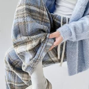 TEMU 여성용 트위드 팬츠 - 블루 & 브라운 체크무늬, 신축성이 없는 정장 및 일상용 겨울 바지 드로스트링 허리밴딩