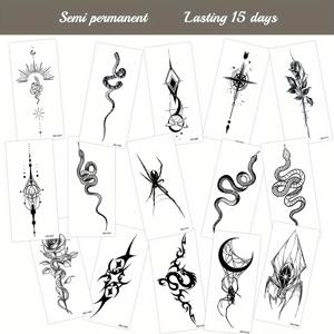 TEMU 15개 허브 주스 반영구 매직 타투 스티커, 로즈, 거미, 뱀, 용 토템, 나비 등 창의적인 독특한 디자인을 특징으로 합니다. 일상적인 파티와 축제 선물에 이상적입니다. 14일 동안 퇴색 또는 반짝임 없이 몸의 장식을 유지할 수 있습니다. 큰 팔, 가슴, 복부, 등에 적합한 임시 타투입니다.|타투스티커