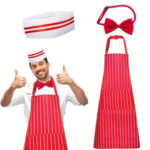 TEMU 3개 세트 1950년대 셰프 코스튬 키트, 레드 & 화이트 소다 점원 앞치마 + 셰프 모자 + 레드 보타이 포함, 성인용 코스플레이 파티 용품