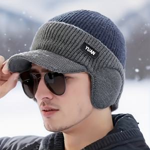 TEMU 1개 남성용 귀 보호 니트 모자 - 컬러 블록 디자인, 바이저 & 턱 스트랩 포함, 100% 아크릴 따뜻한 겨울 캡, 야외 여행, 하이킹, 낚시용 - 손세탁 가능, 혼합 색상, 스타일리시 헤드웨어, 내구성 있는 여행용 헤드기어|등산모자|남자모자