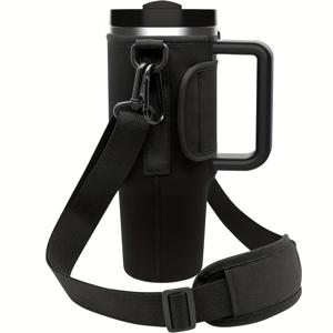TEMU 조절 가능한 어깨끈 물병 홀더 40/30oz 텀블러용 - 안전 버클이 있는 네오프렌 컵 슬리브, 블랙, 하이킹, 여행, 캠핑에 이상적, 여행 수화 장비 | 세련된 블랙 디자인 | 안전한 버클 클로저