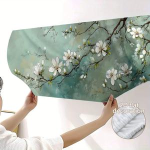 TEMU 1개 플로럴 에어컨 커버 - 우아한 화이트 블라썸 & 그린리, 틸 배경, 벽걸이 또는 캐비닛용 쉬운 설치 - 홈/오피스용 장식 에어컨 보호커버, 대부분의 표준 모델 호환, 청결 보호, 자연에서 영감받은 디자인, 내구성 있는 원단 소재, 2D 평면|에어컨실외기커버|에어컨커버|에어컨선풍기