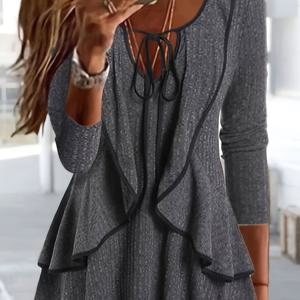 TEMU 여성용 우아한 V넥 긴팔 블라우스 - 레이스 느낌 칼라 & 타이 백, A라인 스모크 드레스 스타일 탑, 사계절용 솔리드 그레이 셔츠, 캐주얼 & 포멀웨어용 세탁기 사용 가능 (노-디자인)|셔츠