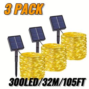 TEMU 3팩 리튬 배터리 태양광 패널 구리선 스트링 조명, 웜화이트/화이트/컬러풀, 8가지 조절 가능한 깜빡임 모드, IP54, 정원, 난간, 텐트, 나무줄기, 잔디, 화분 장식용, 축제 조명 스트링