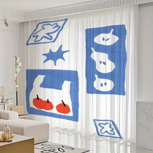 TEMU 2개 블루 & 화이트 추상 아트 시어 커튼 - 반투명 폴리에스터, 로드 포켓 디자인, 세탁기 사용 가능, 침실, 거실, 사무실 장식에 완벽, 클래식 스타일 창문 커튼, 질감, 무선 패널, 장식용 창문 패널