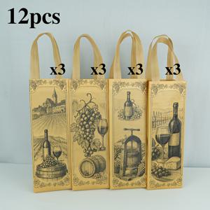 TEMU 12개 세트 우아한 와인 선물 가방 - 튼튼한 손잡이가 있는 재사용 가능한 부직포, 카키 와인 병 & 포도 디자인, 와인 애호가를 위한 내구성과 스타일리시 보관, 와인 병 홀더, 장식 와인 백, 고품질 소재