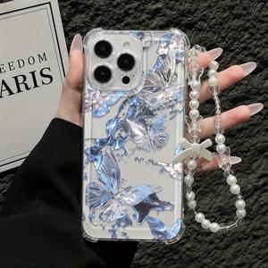 TEMU 두꺼운 모서리와 끈이 있는 눈부신 파란색 나비 패턴 폰 케이스, 낙하 방지 기능. 애플 아이폰 16/15/14/13/12/Xs/Xr/X/7/Plus/Pro/Max 및 삼성 갤럭시 A04/A05/A15/A25/A35/A53/A54/A55/S23/S24/S25 호환 가능