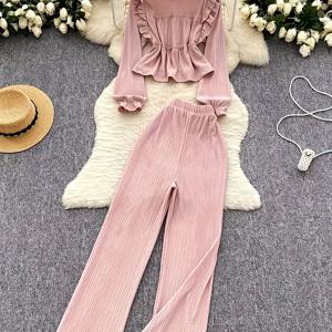 TEMU 여성용 우아한 긴팔 블라우스 & 와이드 레그 팬츠 세트 - 퍼프 소매 러플 헴 탑, 루즈핏 트라우저, 캐주얼 또는 포멀에 적합한 올 시즌 시크한 의상