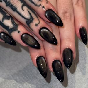 TEMU 24개 블랙 아몬드 캣아이 인조 손톱 - 광택 있는 프레스온 네일, 뾰족한 팁 & 캣아이 디자인, 파티·웨딩·프로모션용 중간 길이, 손발에 쉽게 착용 가능하고 내구성 강함