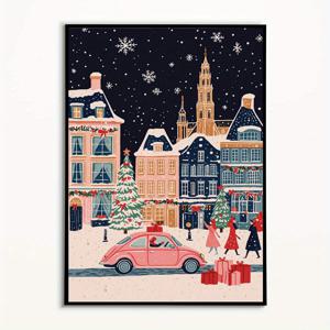 TEMU 1개 겨울 크리스마스 타운 벽 예술 포스터 - 유럽 스타일 눈 덮인 네덜란드 마을, 네덜란드 주택, 핑크 자동차 & 말이 끄는 마차 - 액자 없는 캔버스 프린트, 홈, 오피스용 - 네덜란드 영감 휴일 장식 (파스텔 핑크/블루), 2D 평면, 룸 데코에 완벽