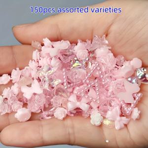 TEMU 150개 화이트 & 핑크 리본, 하트 & 플라워 비즈 - DIY 주얼리 만들기, 네일 아트 & 폰 케이스 장식용 혼합 스타일 - 내구성 있는 레진 크래프트 비즈 (귀걸이, 팔찌, 키체인 액세서리), 주얼리 제작용 비즈, 액세서리 장식, 광택 마감 비즈
