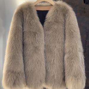 TEMU 여성용 우아한 V넥 인조 모피 코트 - 드롭 숄더 소매가 있는 시크한 겨울 아우터, 가을/겨울용 루즈핏 긴팔 코트, /레드/