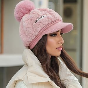 TEMU 1개 여성용 우아한 플러시 베레모 모자 폼폼 & 바이저 포함 - 두꺼운 아크릴, 따뜻하고 포근한 핏, 단색, 가을/겨울에 완벽, 손세탁 전용, 겨울용 헤드웨어 | 스타일리시 헤드기어 | 부드러운 질감의 모자, 여성용 겨울 모자, 여성용 모자