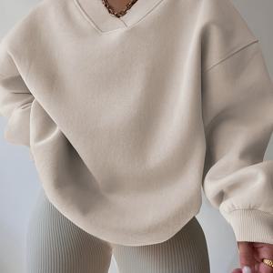 TEMU 플러스 사이즈, 가을 겨울 패션 플러스 사이즈 여성 V넥 루즈핏 긴팔 스웨트셔츠, 일상복,겨울 옷장,트렌디 스웨트셔츠,편안한 스타일,신축성 있는 소재,통기성 원단,여성용 풀오버,패션 애호가,캐주얼 드레서