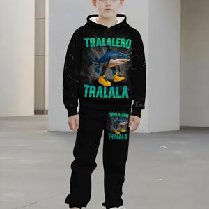 TEMU 남아용 3D 산해경 상어 프린트 후드티 & 스웨트셔츠 세트 - 생생한 만화 상어 디자인, 포켓이 있는 긴소매 풀오버, 중간 정도의 신축성 있는 캐주얼 트랙수트 (매칭 바지 포함), 야외 활동에 적합, 남아 의류