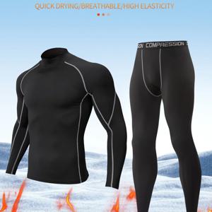TEMU 남성용 2피스 보온 압축 슈트 - 고탄력 겨울용 긴팔 압축 셔츠 & 타이트핏 팬츠, 스키, 헬스, 야외 활동용 전신 압축웨어 - 솔리드 컬러 운동복 세트 (손세탁 가능)|남자셔츠|남자옷|헬스복