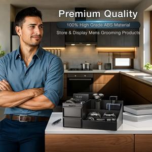 TEMU 7개 칸막이와 2개의 깊은 서랍이 있는 대형 블랙 시계 보관함 - 남성용 시계, 패션 안경, 면도기, 열쇠고리, 향수를 위한 질감 있는 플라스틱 - 욕실 및 침실 사용을 위한 고품질 정리 선반, 이상적인 선물 세트 또는 데이 선물