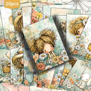 TEMU 20팩 빈티지 데이지 걸 엽서 - 4x6인치 1950년대 레트로 정크 저널용지, 플로럴 & 팜하우스 데코, 파스텔 컬러 (민트 그린, 옐로우, 핑크, 블루) - 데이지, 하트, 토끼 DIY 공예, 저널, 플래너용 수집 가능한 스크랩북 카드 - 사용 편리한 프리컷