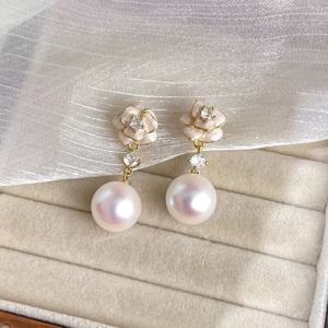 TEMU 우아한 프렌치 스타일 롱 드롭 귀걸이, 모조 진주 장식 - 로맨틱 카멜리아 디자인, 스테인리스 스틸 포스트, 파티 및 휴가에 완벽, 사계절 다용도 주얼리, 파티 액세서리|우아한 귀걸이|스테인리스 스틸 포스트