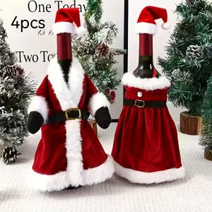 TEMU 4pcs 혼합 세트 (1 드레스 + 1 스커트 + 2 모자) - 크리스마스 드레스 모양 와인 병 커버 - 축제 산타 디자인 드레스/모자/스커트 - 창의적인 와인 가방 커버