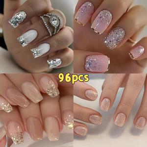 TEMU 96pcs 스퀘어 글리터 그라데이션 프레스온 네일, 달콤한 파스텔 컬러 & 반짝이는 페이크 팁 – 귀여운 심플 매트/글로시 숏 인조 손톱, 웨딩 파티 발렌타인데이 선물용, 특별한 날을 위한 네일,웨딩 액세서리,광택 네일,그라데이션 네일,재사용 가능한 못,쉬운 적용,네일 스티커,인조 손톱,파티 참석자들,패션 애호가