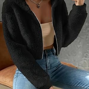 TEMU 여성용 겨울 따뜻한 후드 플로킹 재킷 - 숏 기장 야외 방풍 코트, 세탁기 사용 가능한 추위 방지 의류, 스키 & 일상용, 솔리드 컬러 캐주얼 겨울복 (원하는 색상이 없으면 추가 주문)