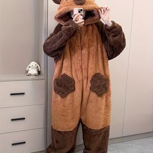 TEMU 여성용 플러시 퍼리 베어 원피스 파자마 - 두꺼운 겨울 수면복, 후드 풀지퍼 아웃핏, 부드러운 플러시 소재 & 포켓, 세탁기 사용 가능한 코지 스웨트수트, 홈웨어, 성인 여성 슬럼버 파티 의상, 긴 소매와 플리스 안감이 있는 귀여운 베어 코스튬, 가을과 겨울용