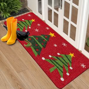 TEMU 1개 축제 크리스마스 도어매트 레드 배경 & 그린 트리 디자인 - 내구성 있는 폴리에스터, 세탁기 사용 가능, 거실, 침실, 주방, 욕실용 직사각형 매트 - 크리스마스 장식에 완벽한 크리스마스 장식, 크리스마스 트리 매트/러그, 입구용 도어 매트 실내
