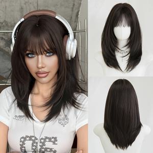 TEMU 일반 중간 길이 블랙 가발, 앞머리 포함, 고층 및 150% 밀도, 열에 강한 합성 섬유로 제작, 여성의 일상 파티 및 댄스에 적합, 초보자 친화적, 20인치 측정, 단발 가발, 자연스러운 가발, 앞머리 가발, 가발, 여성 가발, 긴머리 가발, 통가발