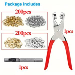 TEMU 402피스 그롬멧 공구 키트 12mm (내부 구멍 크기) 아이렛 키트 (200개 아이렛 그롬멧, 200개 와셔, 구멍 펀치 1개, 그롬멧 아이렛 플라이어 포함), 인조 가죽/벨트/신발/공예 및 아이렛 공구 세트, 공예 필수품