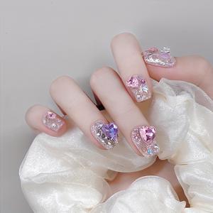 TEMU 프렌치 스타일 하트 라인스톤이 있는 완전 세트 24개 짧은 코핀 프레스온 네일, 한국식과 일본식, 여성용, 젤리 글루 시트 1장과 네일 파일 1개 포함, 파티, 댄스, 일상 캐주얼 착용에 적합, 탈부착 및 재사용 가능