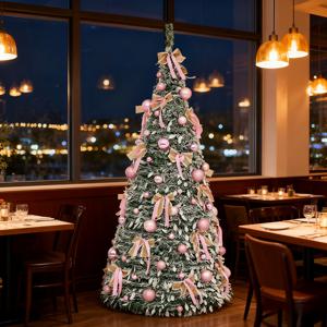 TEMU 접이식 메탈 스탠드가 있는 인조 소나무 크리스마스 트리 - 녹색 잎과 핑크 리본이 있는 사실적인 인조 트리, 필요 없음