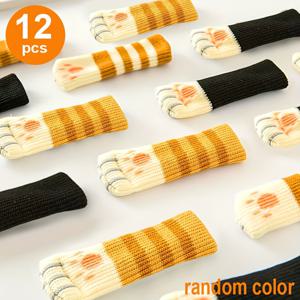 TEMU 12개 고양이 모양 니트 가구 다리 보호대 & 문 손잡이 커버 - 미끄럼 방지 패드 보호대, 스크래치 방지 의자/테이블 발 캡, 멀티 컬러 (블랙/화이트/탄) - 귀여운 고양이 발바닥 디자인