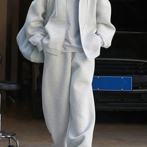 TEMU 여성 캐주얼 후드티 & 레그 팬츠 세트 - 단색, 긴소매, 지퍼업, 루즈핏, 크루넥, 가을/겨울 컬렉션, 캐주얼 웨어, 데일리 스타일, 캐주얼 웨어|후드티 & 팬츠| 원단