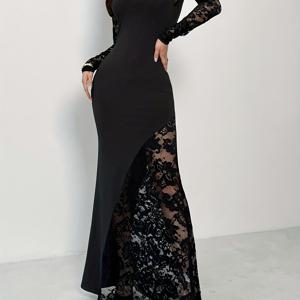 TEMU 여성용 우아한 레이스 트림 바디콘 드레스 - 슬림핏 롱 이브닝 가운, 라운드넥, 파티, 공식 행사 및 일상복에 어울리는 핏 - 올 시즌 시크한 의상, 파티 복장, 세련된 스타일, 스타일리시한 여성