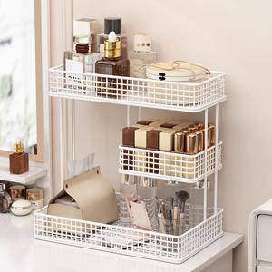 TEMU 튼튼한 철제 3단 화장품 정리함 (오픈형 선반 & 닫힌 문) - 튼튼한 데스크탑 수납 캐비닛 (골드 톤 다리), 컴팩트한 모던 디자인 (메이크업 화장대 정리용) - 공간 절약형 조리대 정리함 (홈 오피스용)