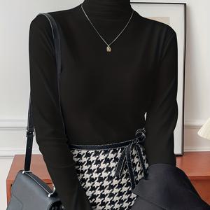 TEMU 1pc 여성용 우아한 하이넥 긴팔 터틀넥 탑 - 슬림핏 솔리드 겨울 따뜻한, 부드럽고 신축성 있는 원단, 라운드넥 캐주얼 & 포멀 의상, 가을/겨울용 다용도 레이어링 필수템, 겨울 의류, 클래식 스타일, 오피스룩