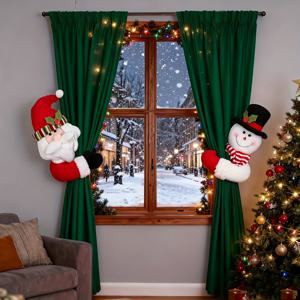 TEMU 2개 세트 그린 크리스마스 커튼 타이백 - 레드/골든 눈사람 & 산타 모자 장식 - 화이트 코드 홀더, 창문 커튼, 도어 패널용 - 내구성 강한 창문 클라스프 (쉬운 설치)