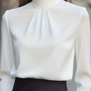 TEMU 부스 여성용 우아한 하이 목폴라 플리츠 블라우스 - 긴소매 오피스 셔츠, 솔리드 컬러 정장 재킷, 프로페셔널 복장, 봄/가을 캐주얼 아우터웨어 (세탁기 사용 가능)