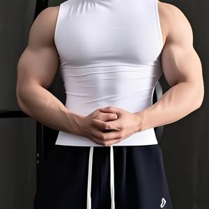 TEMU 남성용 하프 하이트 짐 탱크탑 - 라운드 넥 슬리브리스 타이트핏 운동 셔츠, 고탄력 통기성 원단으로 제작된 보디빌딩, 웨이트리프팅 및 여름 트레이닝용 - 피트니스 애호가를 위한 애슬레틱 슬리브리스 베스트|나시티