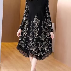 TEMU 플러스 사이즈 - 플러스 사이즈 - 플러스 사이즈 - 레이스 트림이 있는 우아한 플러스 사이즈 A라인 플로럴 프린트 긴팔 드레스 - 신축성 좋은 원단, 라운드넥, 긴소매