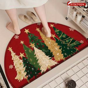 TEMU 크리스마스 트리 매트 - 플러시 반원형 미끄럼 방지, 부드러운 플란넬 느낌, 세탁 가능 & 접이식 매트 /야외 입구용, 그린 & 골든 크리스마스 장식 (애완동물 친화적), 2D 평면