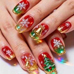 TEMU 크리스마스 눈꽃 벨 글리터 프레스온 네일 - 축제 분위기의 레드 & 골드 네일 아트 (눈꽃, 벨, 별 포함), 글로시 마감, 크리스마스 파티, 크리스마스 네일 아트, 축제 네일 디자인, 내구성 좋은 네일 팁에 적합