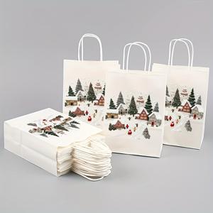 TEMU 화이트 프린팅 크래프트 종이 선물 가방, 눈 덮인 캐빈 크리스마스 트리 프린트, 파티 선물 가방, 대형 웨딩, 선물 가방, 장보기, 쇼핑, 소매 상품, 파티 기념품, 할로윈, 크리스마스 쇼핑백에 완벽, 소매 쇼핑백,파티 선물 가방,손잡이 선물 가방,재사용 가능한 쇼핑백,계절별 선물 포장지,화이트 프린트 패턴,재사용 가능한 선물 포장,웨딩 플