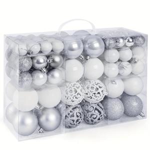 TEMU 100개 세트 방수 크리스마스 공 장식 - 내구성이 뛰어난 플라스틱 행잉 장식품, 화이트, 실버, 블랙 디자인으로 축제 분위기의 홈 & 파티 장식, 크리스마스 장식에 적합, 크리스마스 선물로 최고